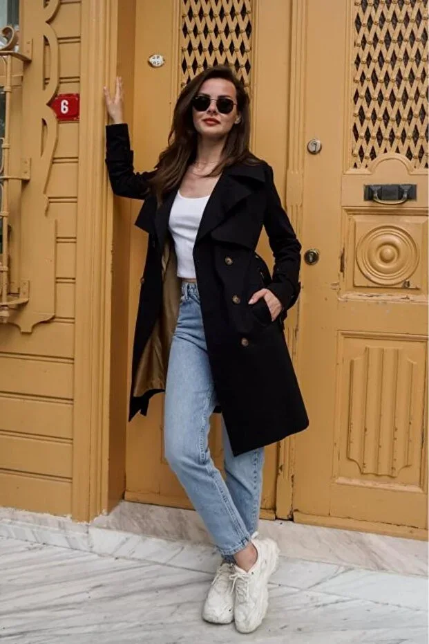 Black 100% Cotton Gabardine Midi (95CM) Lined Belted Women's Trench Coat 1113