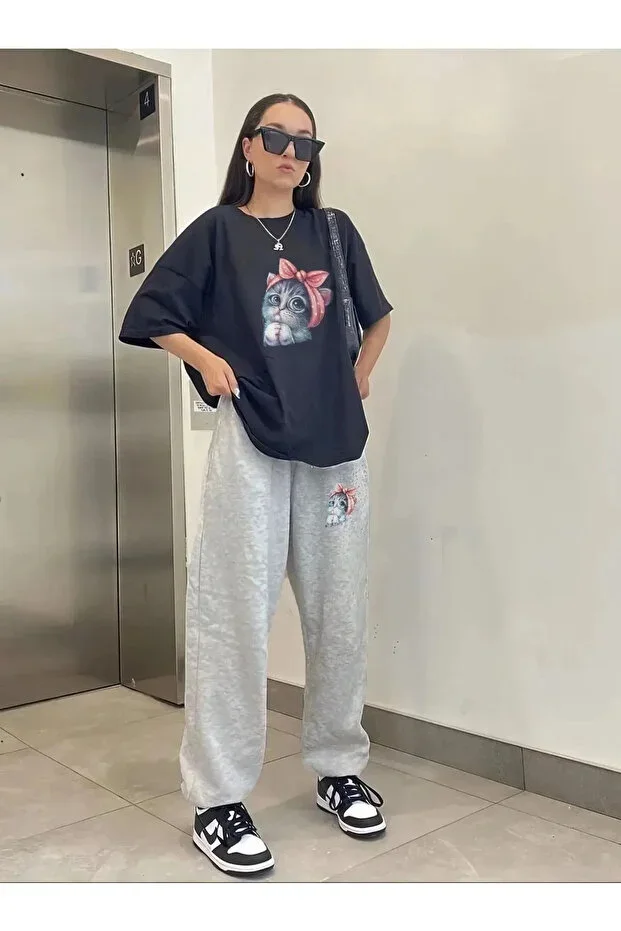Cute Cat White T-Shirt Black Sweatpants Jogger - Top Bottom Tracksuit Set Round Neck