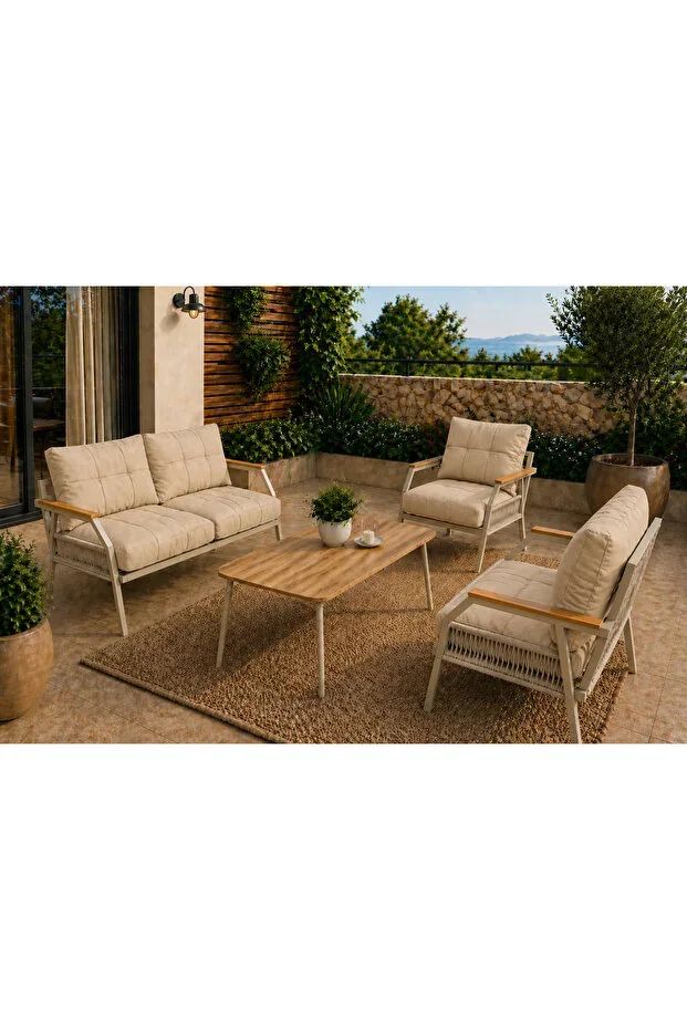 UFUK HOME Daisy Kırpık 211 Masalı Brown Metal Garden Seating Group Balcony Terrace Outdoor Set with Cushions