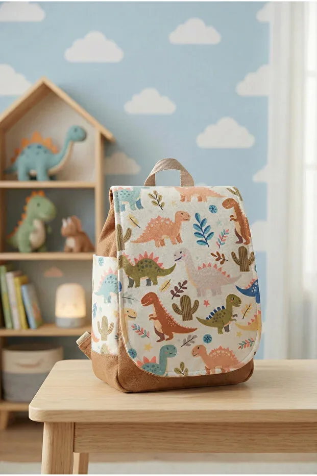 0-7 Years Brown Dinosaur Pattern 101 Kids Backpack 25x22x15 - Colorful And Functional Design