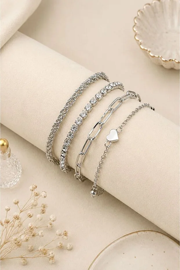 Women's 4-Piece Heart Figurine Silver Combination Bracelet Set