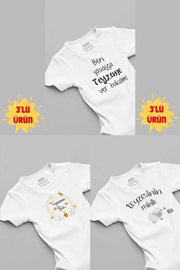 Overoz 100% Cotton Aunt 3-Piece Baby Bodysuit Set White Snap Fastener Bodysuit Aunt Printed Onesie Triple 5159-5135-t-5124