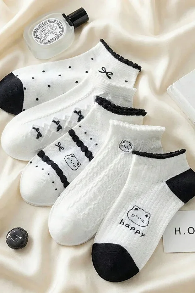 5 Pairs White Happy Patterned Short Socks