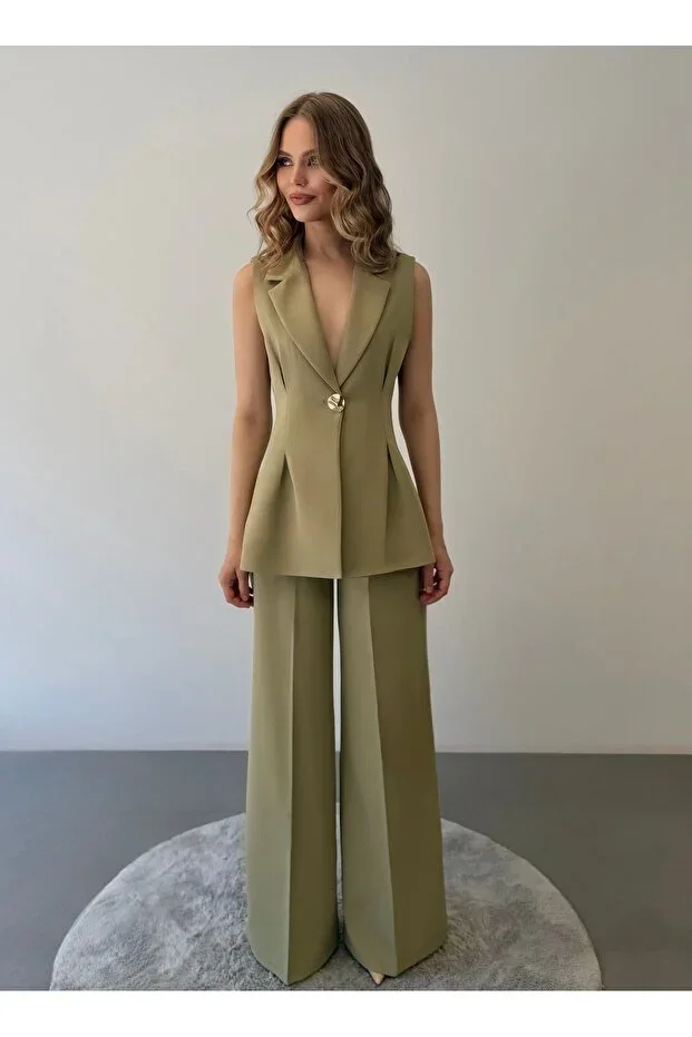 Cross-Collar Single-Button Blazer Vest and Wide-Leg Pants Two-Piece Set - Light Khaki