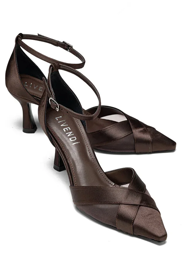 ELENİ Women's Brown Satin Cross-Strap Ankle Buckle Pointed Toe 7.5 Cm Stiletto Heel Shoes