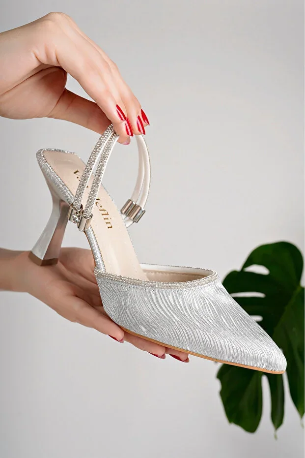 Women's Silver Stone Detailed Heeled Stiletto Evening Shoes