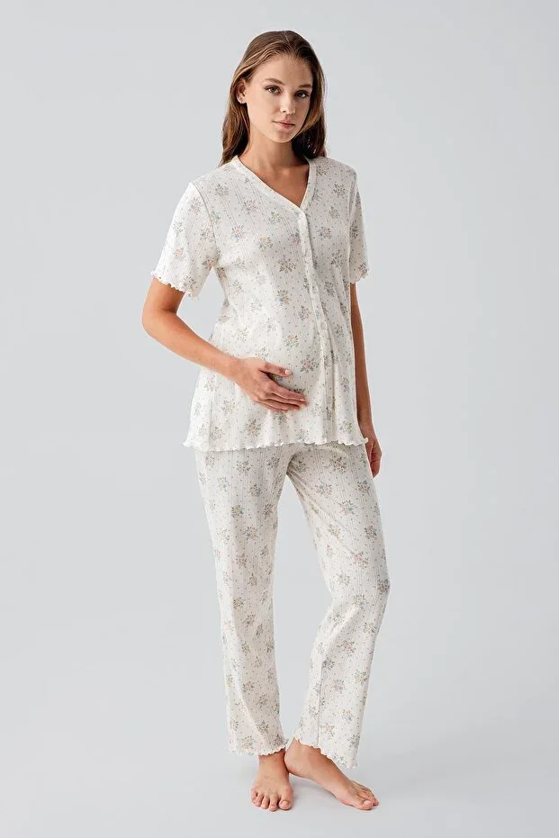 Short Sleeve Buttoned Floral Patterned Lace %100 Cotton Maternity Pajama Set