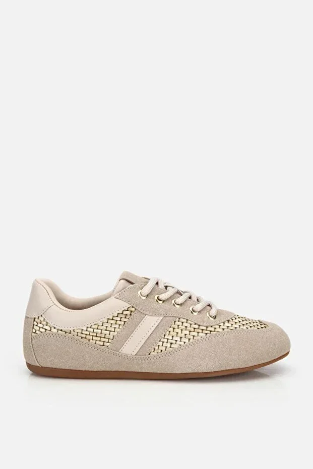 Women's Beige Straw Woven Detail Lace-up Casual Sneakers