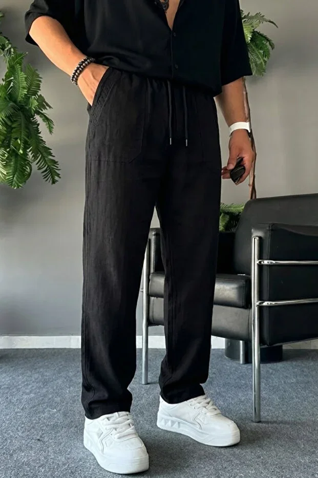 Men's Comfortable Summer Black Loose Linen Trousers
