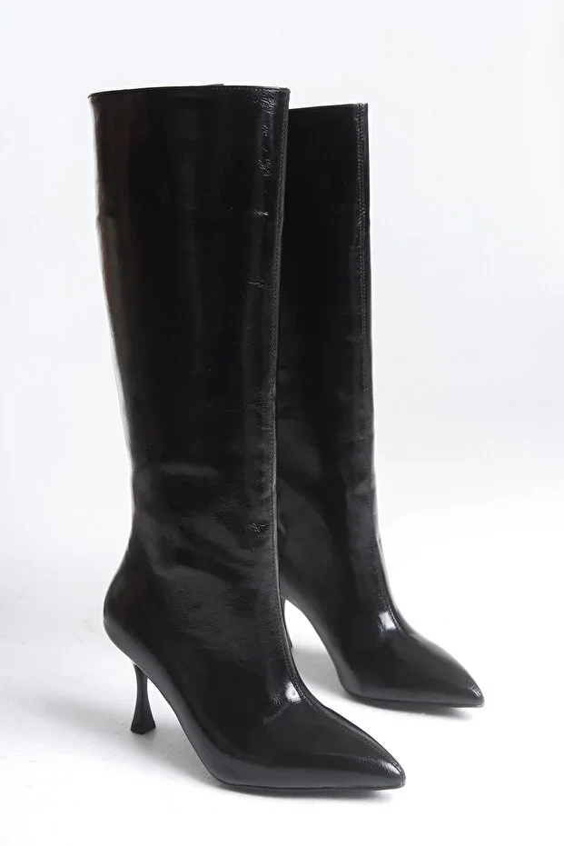Women's Black Patent Leather Slim Heel Pointed Toe Mid-Calf Boots