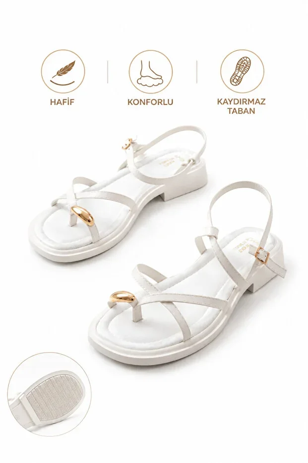 Diana White Thong Thermo Non-Slip Sole Gold Stone Detailed Sandal