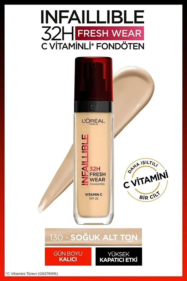 L'Oreal Paris Infaillible 32H Fresh Wear Foundation with Vitamin C - 130 True Beige