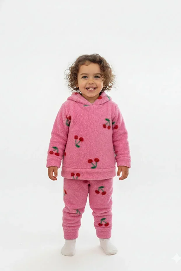 Fuchsia Girls Cherry Pattern Wellsoft Fleece Fabric Feather Plush Winter Hooded Winter Top and Bottom Set