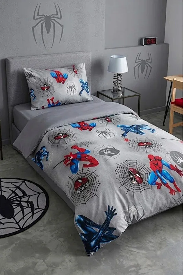 Spider Pattern 4 Piece 1 Person Fitted Sheet Duvet Cover Set Kids | Teen