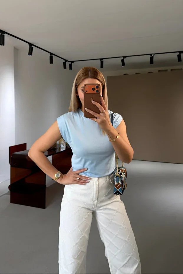 T Neck Baby Blue Cotton Basic T-shirt