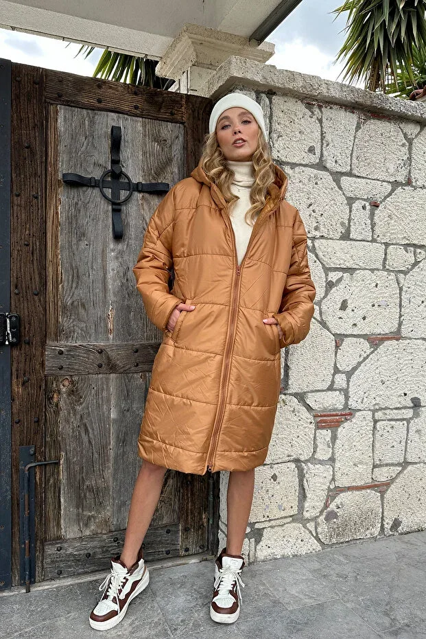 Trend Alaçatı Stili Hooded Lined Double Pocket Long Quilted Coat ALC-X11181