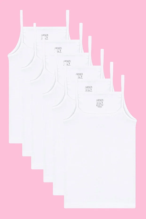 6-Pack Girls White Tank Top Spaghetti Strap 100% Cotton Soft Stretchy Fabric