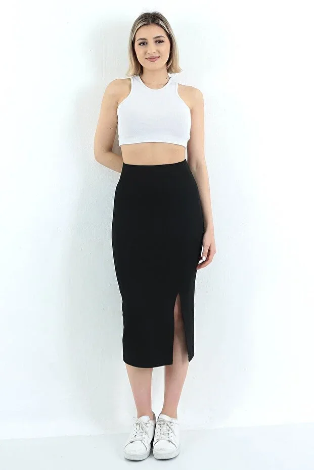 WAYS Women Black Ribbed Slim Fit Pencil Skirt Midi Length Slit Detail & 4 Seasons Chic