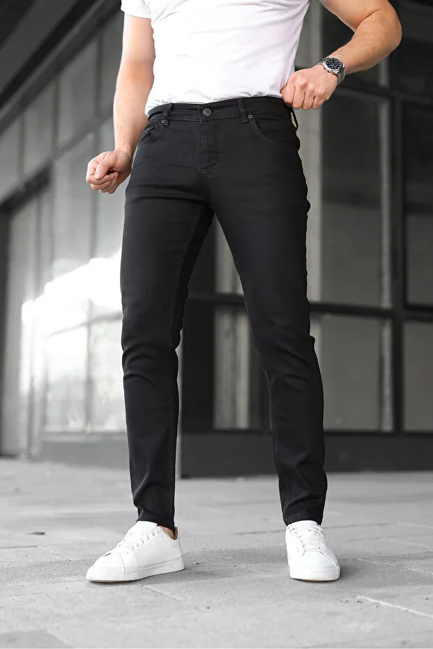 Men's Slim Fit Stretch Denim Trousers Straight Black