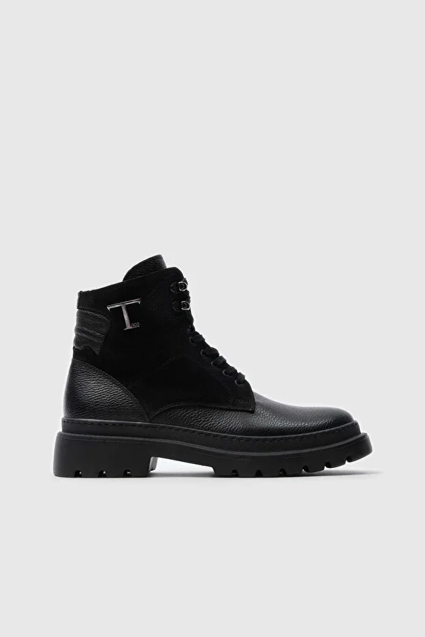 Black Genuine Leather Men's Comfort Boots [052267]