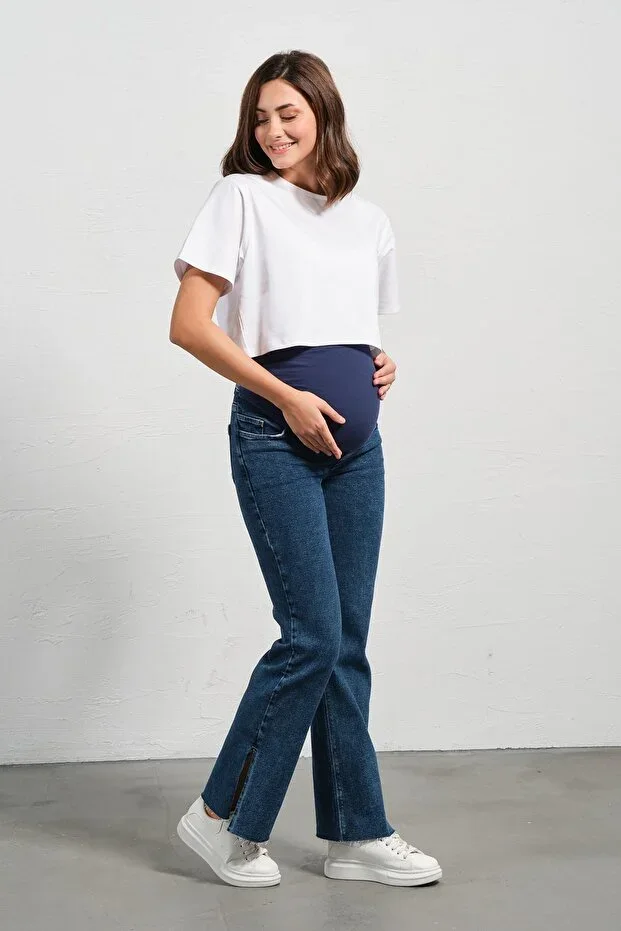 BUSA Pregnant Elastic Belly Band Wide Leg Adjustable Waist Jeans BLUE