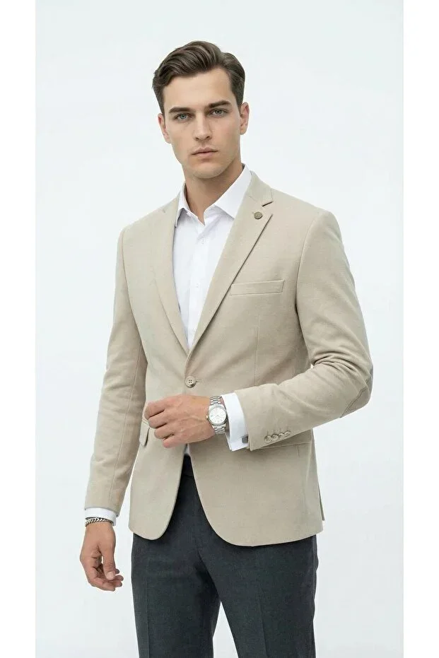 Men's Patch Sleeve Blazer Jacket – Stone Color, Italian Cut Slim Fit, Stylish Design