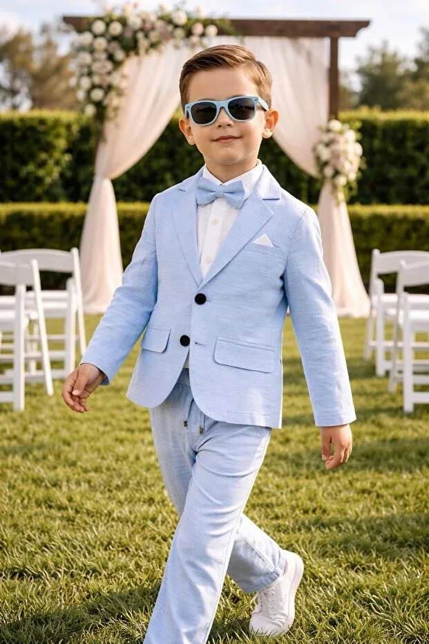 Boys' Terry Flamed Linen Loose Fit Jacket Set / Shirt Pants Jacket Bow Tie Linen Set