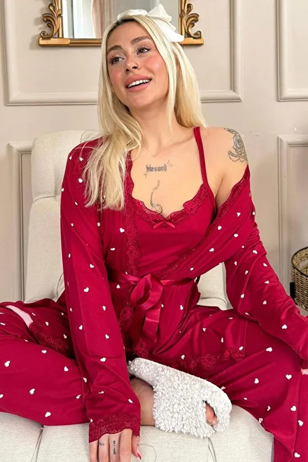 Burgundy Mini Heart Patterned Bamboo Robe Women's Pajama Set