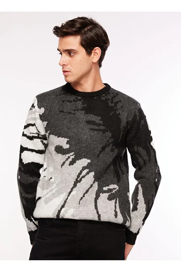 Bicycle Collar Relaxed Jacquard Black Men's Sweater F3WM-KZK150