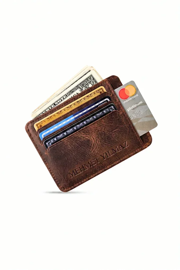 Personalized Original Genuine Leather Unisex Oval Credit Card Holder Wallet Portfolio Super Slim Model Coffee