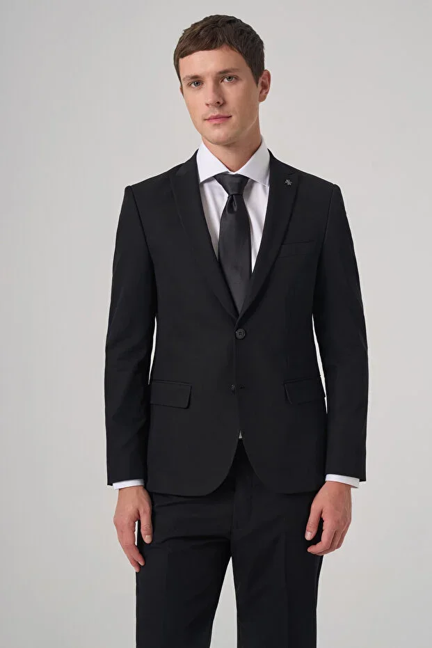 Men's Black Basic Plain Slim Fit Narrow Cut Double Vent Suit