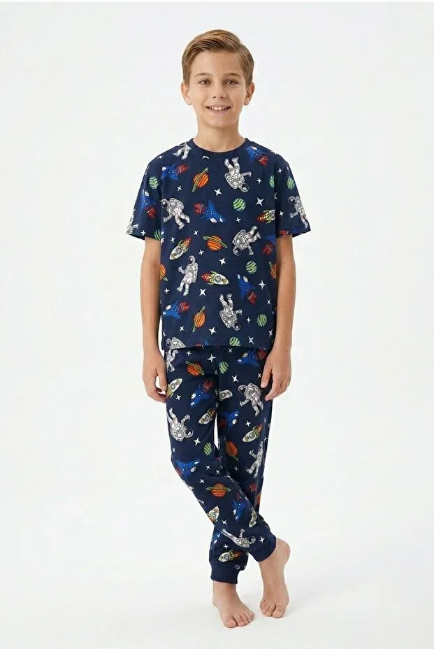 Boys' 100% Cotton Summer Short-Sleeve Pajama Set - Planet and Space Themed