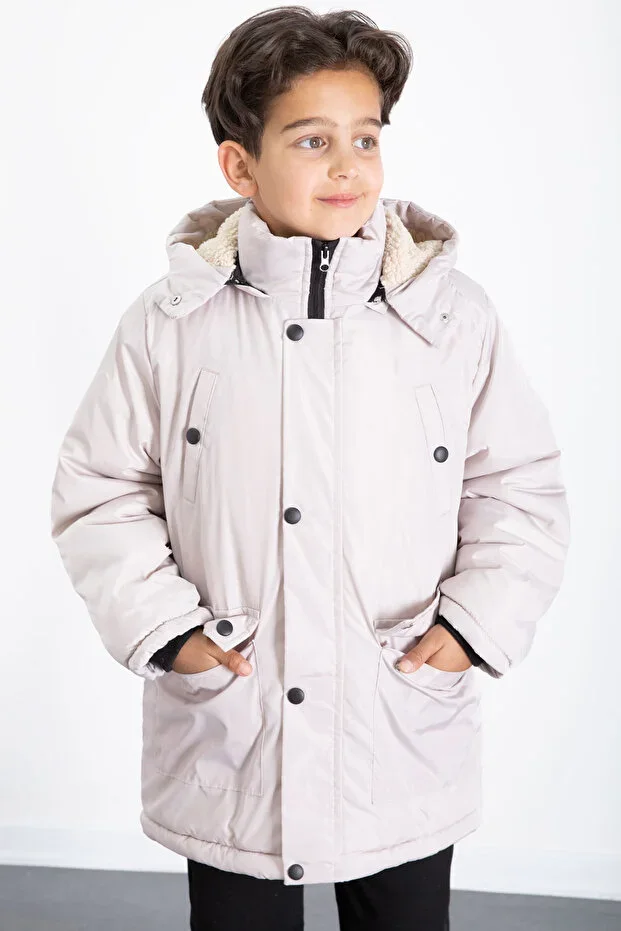 Beige Padded Jacket with Fur Lined Removable Hood Basic for Boys 21441