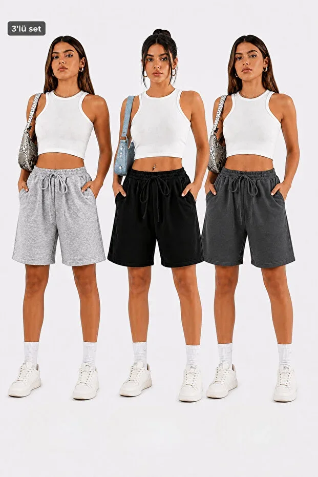 NAKRUF Women's Shorts 3-Pack Set – Black Grey Charcoal – Summer Comfortable Regular Fit