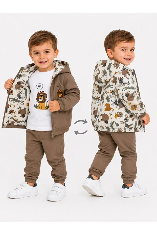Boys Baby Double-Sided Hooded Raincoat Jacket 2-Piece Set Safari Pattern 24 Months