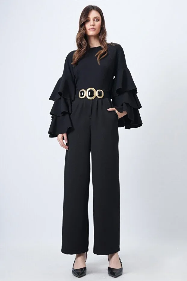 Black Wide Leg High Waist Pleated Palazzo Pants ALC-X14713