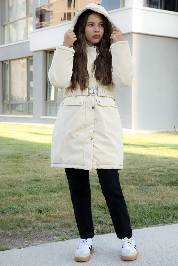 Cansın Mini Nubuck Fabric Padded Jacket with Fur Lining, Hood, and Cream Belt 21315