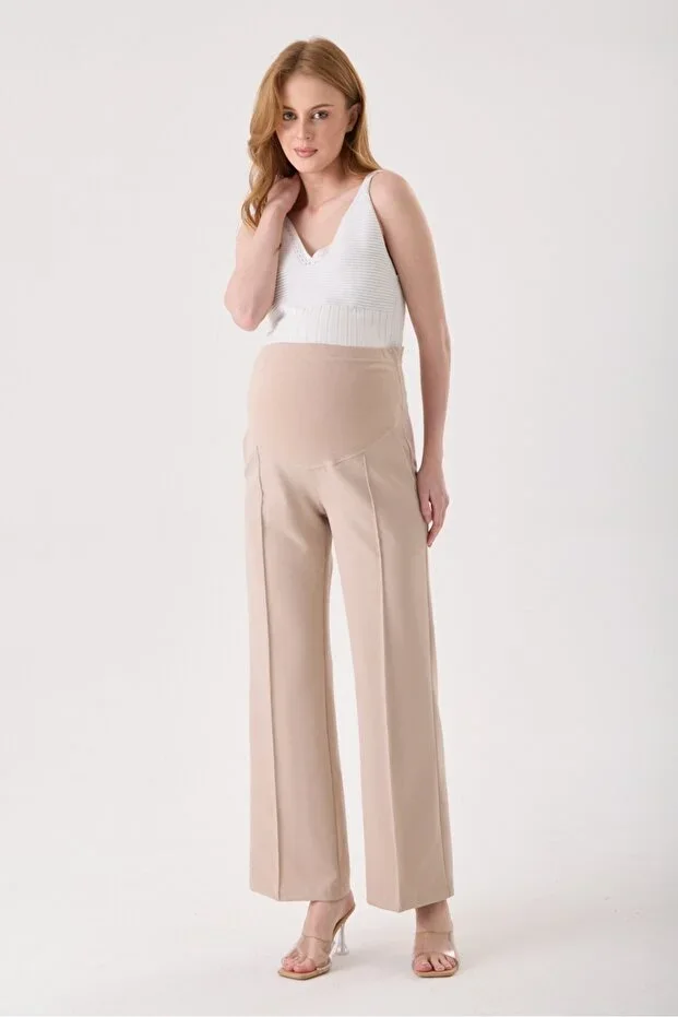 Pregnancy Beige Wide Leg Adjustable Waist Fabric Trousers Front Seam Detail