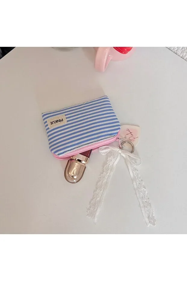 Striped Mini Makeup Bag / Card Holder Wallet Organizer with Keychain / Charm Detail