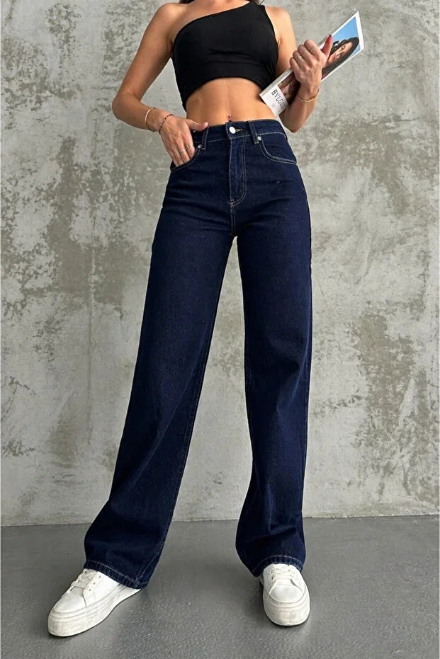 Gussi Women Navy Blue High Waist Palazzo Jeans