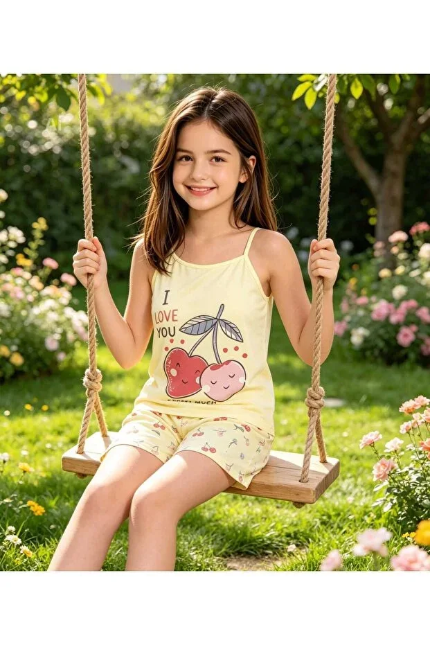 Girls Yellow Color Tank Top & Shorts Trend Jersey Pajama Set – Relaxed Fit, Non-Sweating Cotton Fabric