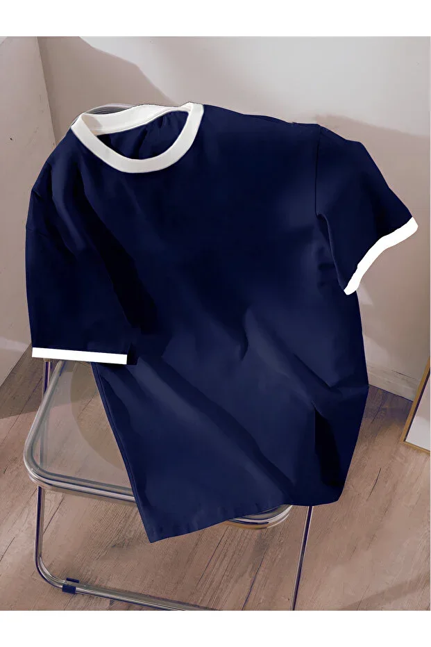 Unisex Men's/Women's Navy White Collar Plain Oversize Cotton T-Shirt