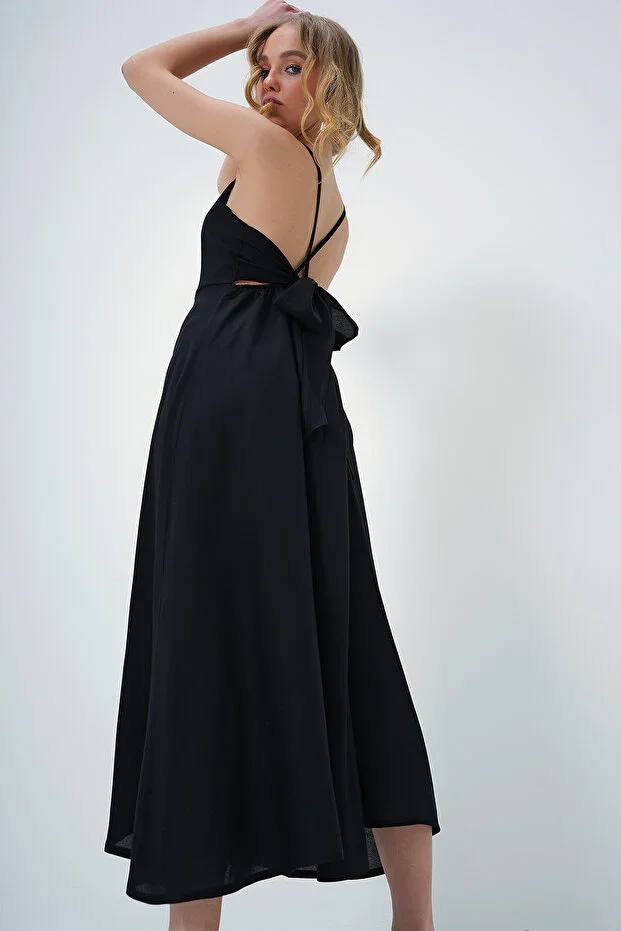 Black Spaghetti Strap Maxi Dress with Back Tie Detail ALC-X13471