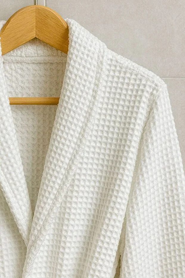 Pike Waffle Patterned Shawl Collar Bathrobe Hotel Type White Luxury 100% Cotton Wide Cut