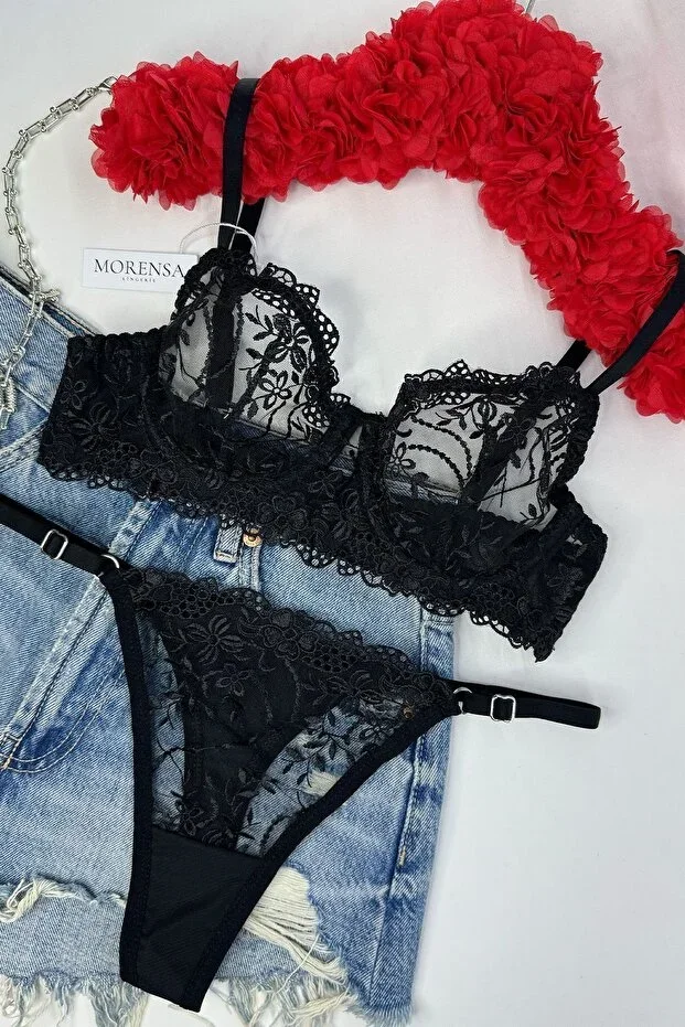 Floral Underwired Bra Lingerie Set Black