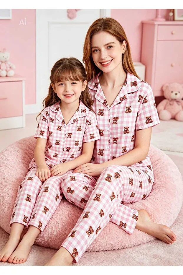 Mother & Daughter Combo Pajama Set Pink White Plaid Shirt Collar Short Sleeve Buttoned Milan Fabric (SOLD SEPARATELY)