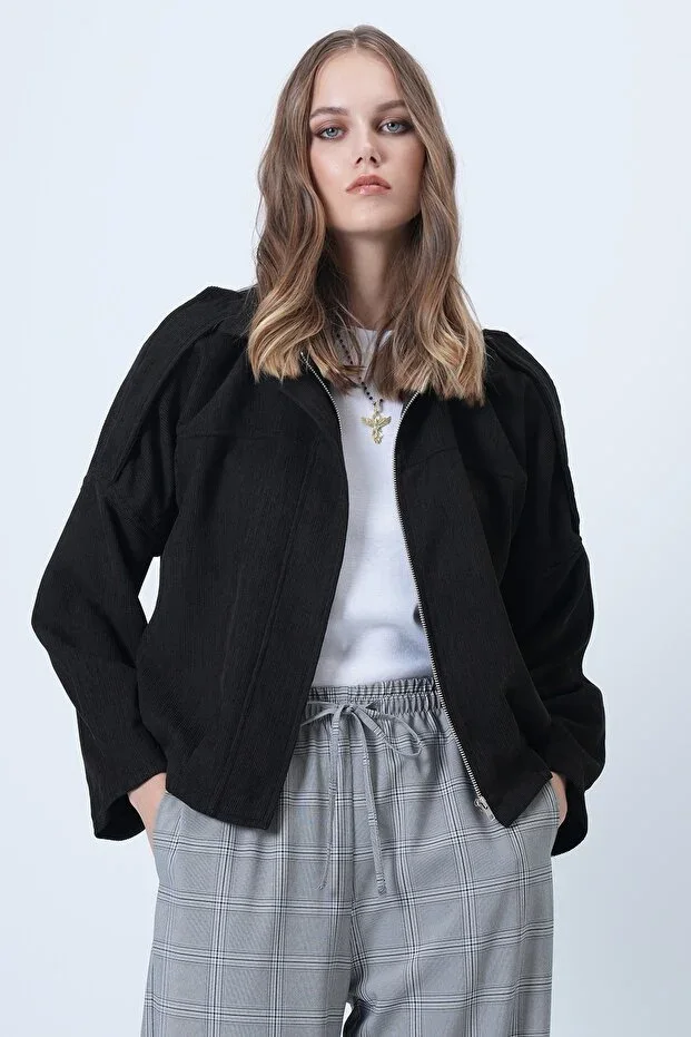Black Shoulder Epaulet Lined Velvet Bomber Jacket ALC-X14617