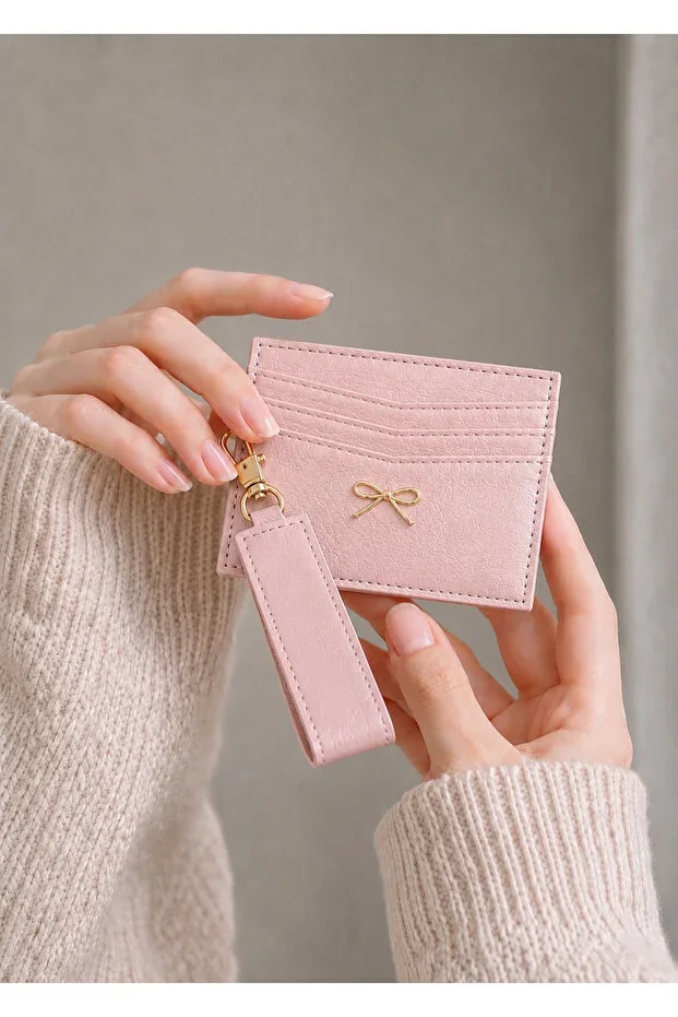 Powder Pink Card Holder Wallet with Keychain – Gold Bow Detail, Slim Design with Wrist Strap