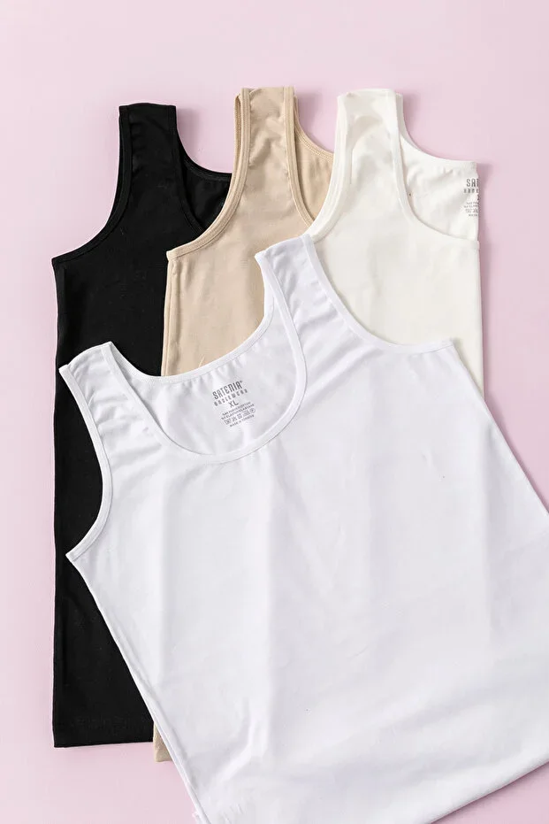 Women's Black White Skin Ecru 4-Piece Pack Lycra Wide Strap Undershirt