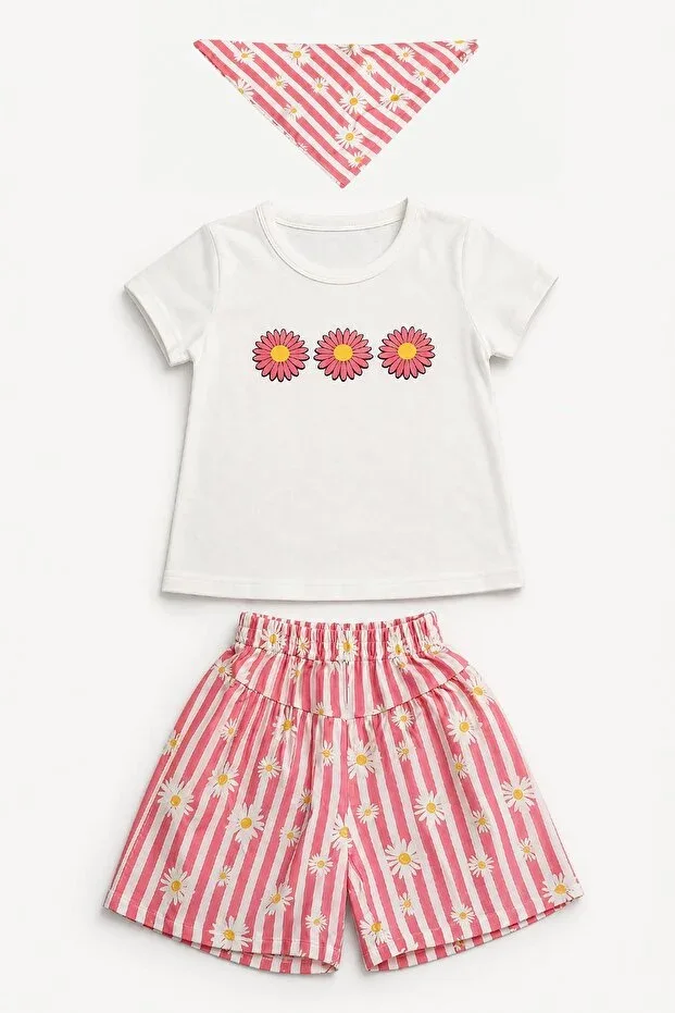 Girls' Daisy Print Shorts Set with Bandana